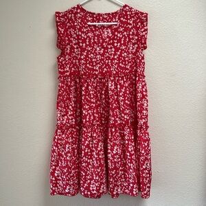 SHEIN Red Ditsy Floral Dress, White Flowers 3 Tier Ruffle Flowy, Size Medium